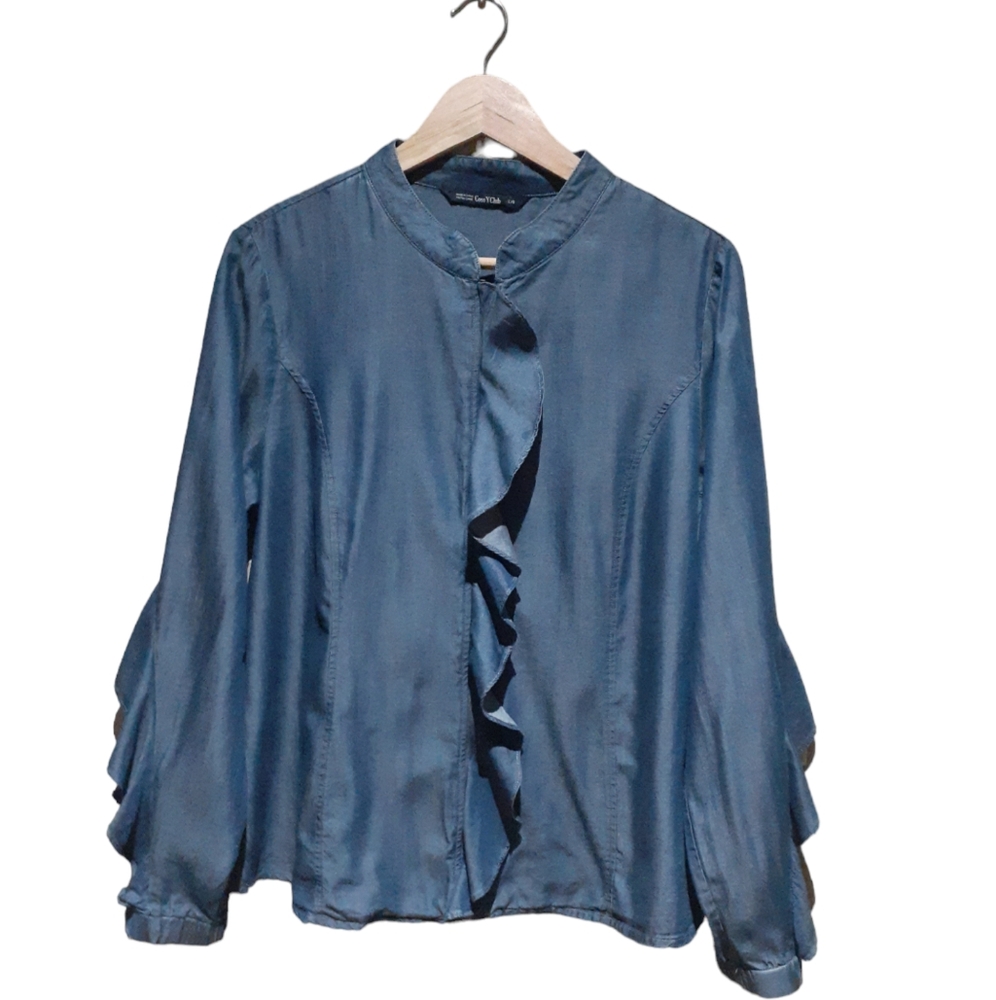 Coco Y Club CYC Women's Ruffle Tencel Top Blue Chambray Size Largr